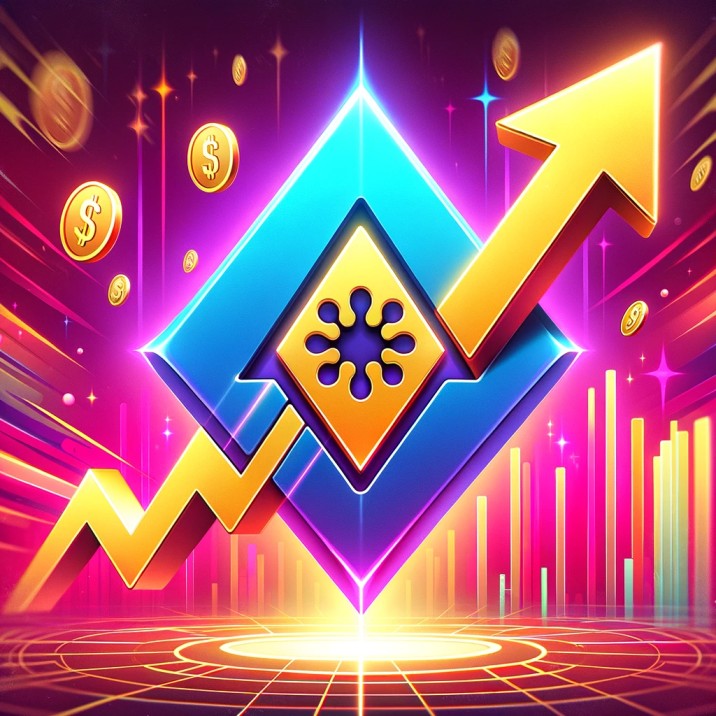 Colorful graphic showing the Cardano (ADA) symbol with an upward arrow pointing to the $1 target, symbolizing ADA's price goal and market growth potential.