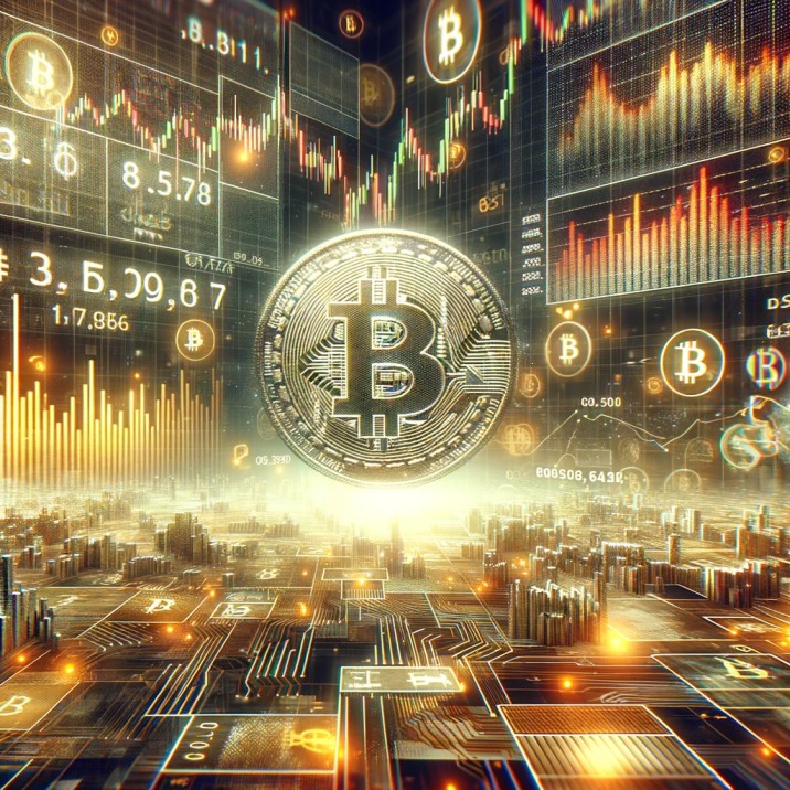 Digital representation of Bitcoin being halved, symbolizing the Bitcoin halving event, with a backdrop of digital networks and financial graphs.