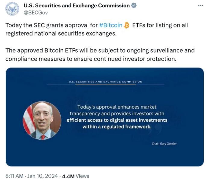 Screenshot of a Fake SEC Twitter announcement claiming approval of Bitcoin ETFs, later debunked by SEC Chair Gary Gensler.