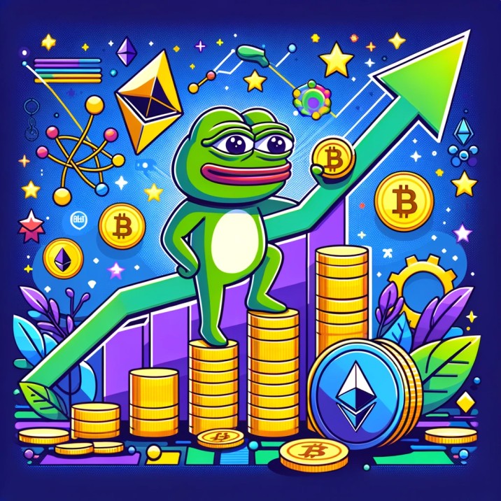 Engaging thumbnail featuring Pepe the Frog with financial symbols, coins, stock graphs, and the Ethereum logo, representing PEPE Coin's investment aspect and blockchain connection